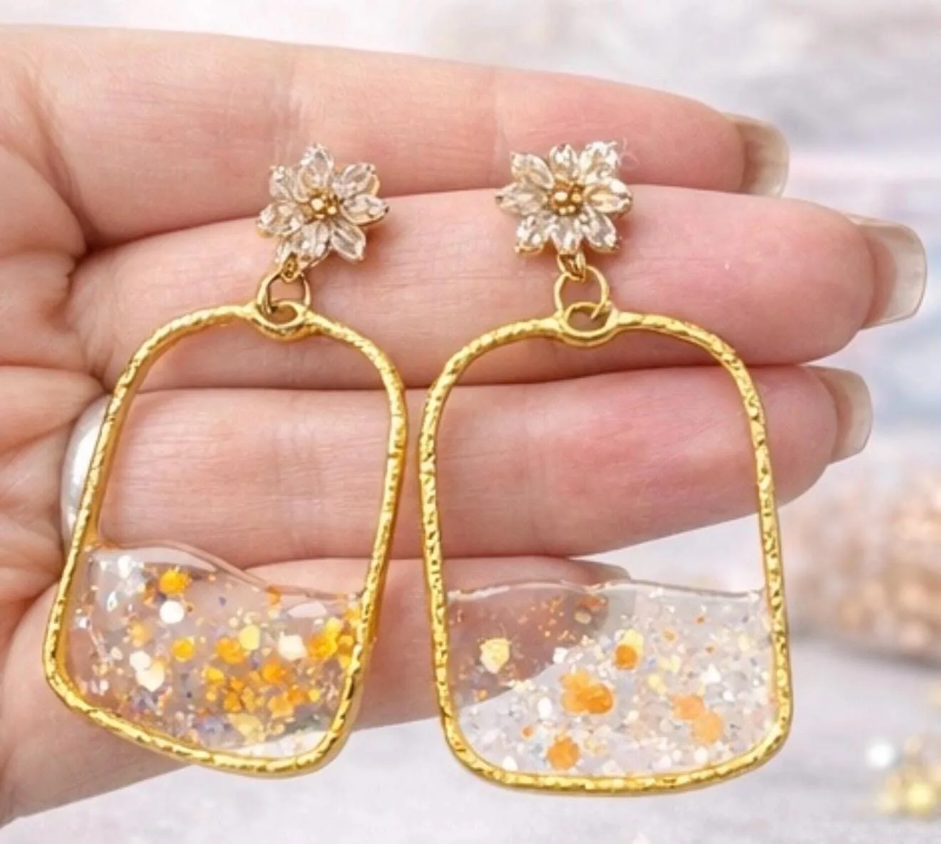 Golden Square Resin Dangle Earrings
