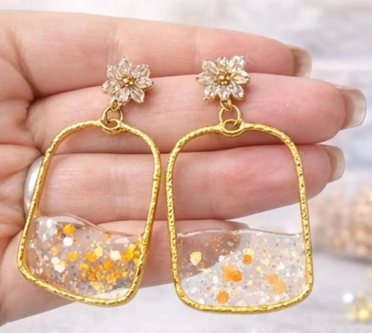 Golden Square Resin Dangle Earrings