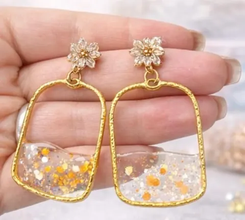 Golden Square Resin Dangle Earrings