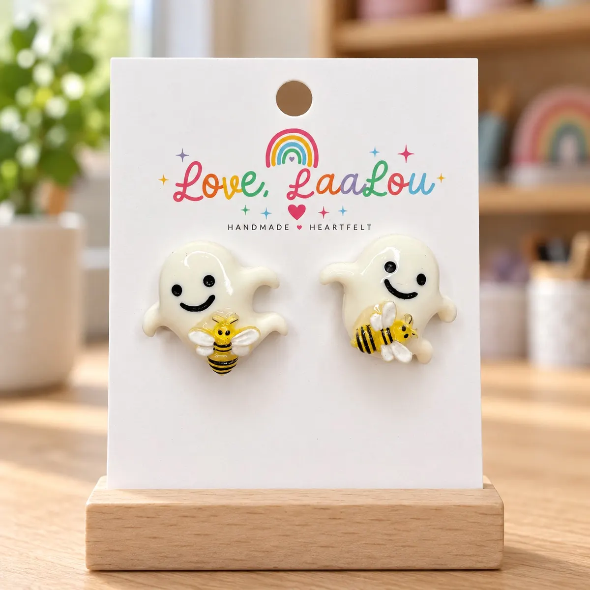 Boo-Bees Breast Cancer Awareness White Ghost Studs