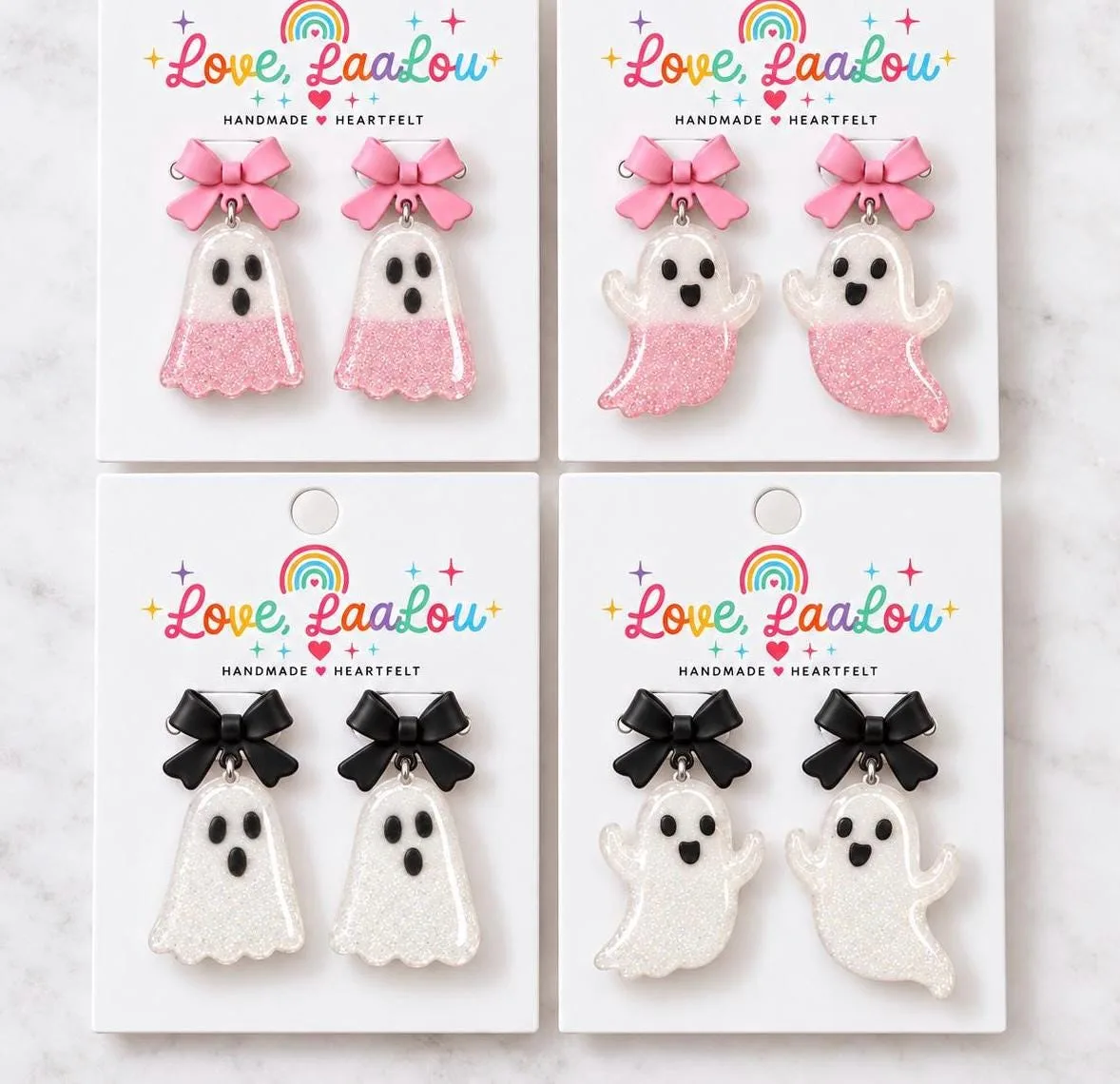 Handmade Resin Ghost Earrings with Bow Studs