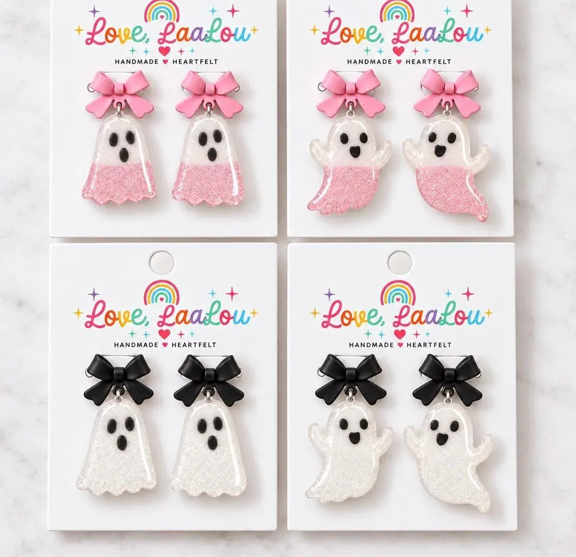 Handmade Resin Ghost Earrings with Bow Studs