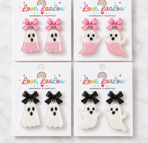 Handmade Resin Ghost Earrings with Bow Studs