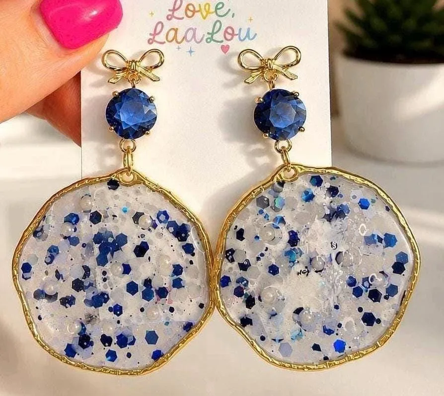 Blue Glitter Statement Earrings