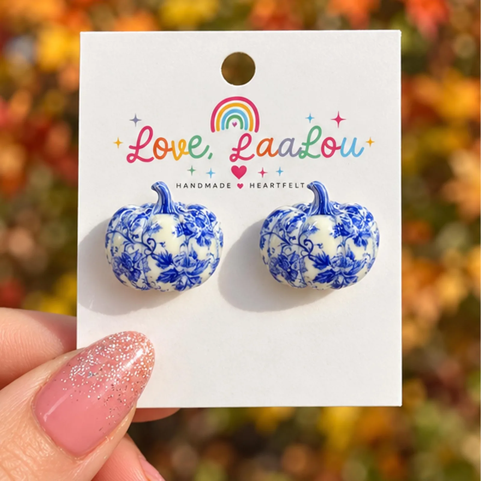 Blue and White Pumpkin Stud Earrings