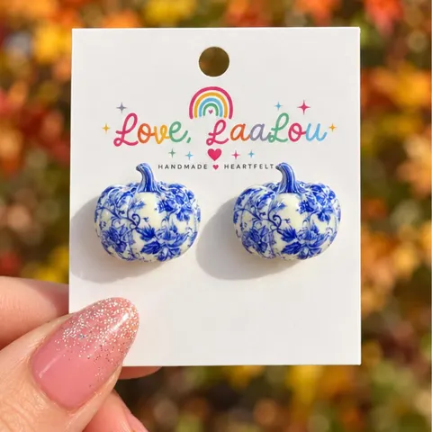 Blue and White Pumpkin Stud Earrings